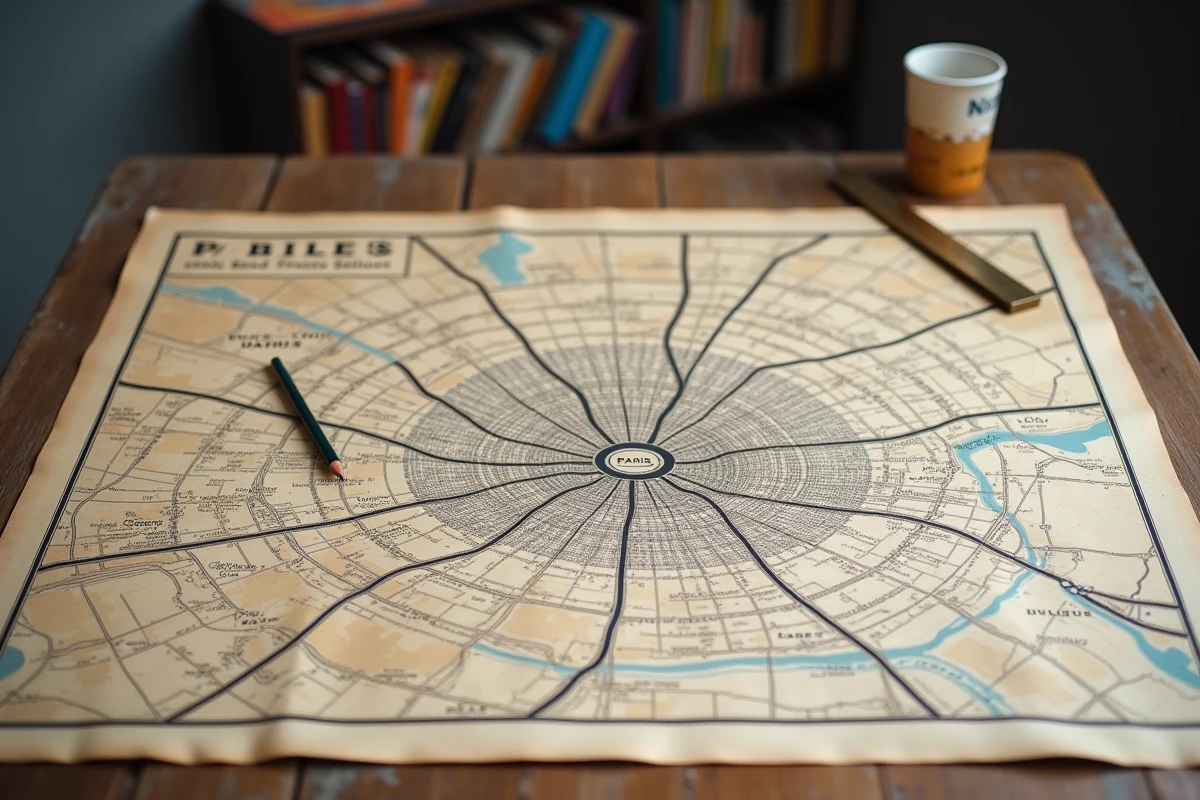 Carte imprimée de Paris et ses arrondissements en haute définition posée sur un bureau en bois avec règle et crayon