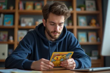 Jeune homme examinant une carte Pokémon de l'extension Aventures Ensemble avec attention dans une salle de collection