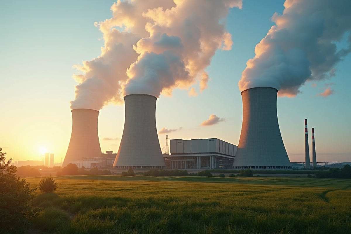 Centrale électrique moderne au charbon au lever du soleil