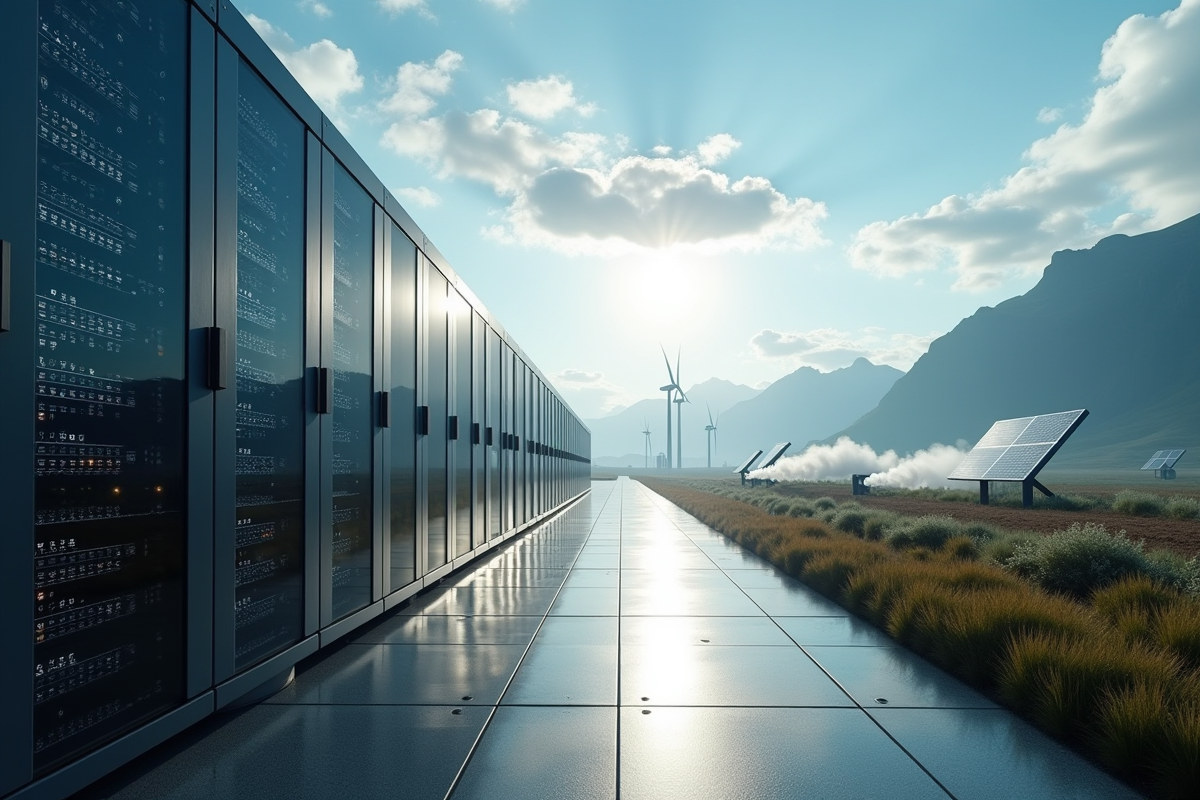 Grand centre de données avec turbines éoliennes et panneaux solaires