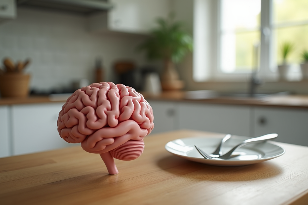 Modèle de cerveau sur une table avec assiette vide dans une cuisine lumineuse