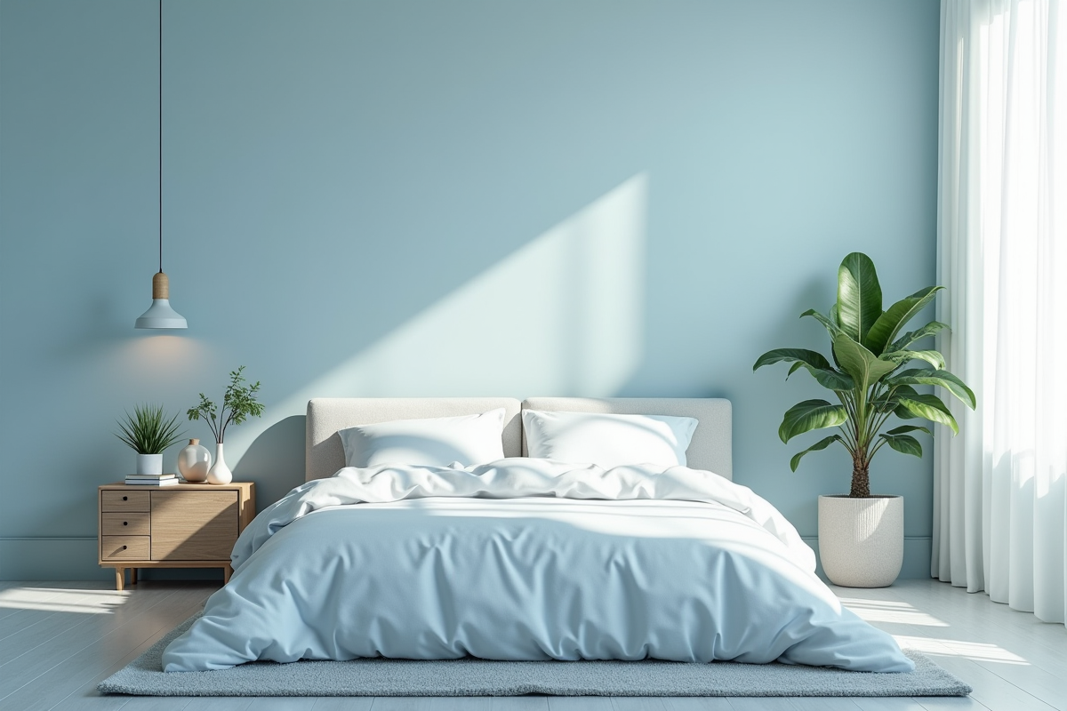 Chambre moderne en bleu clair avec linge blanc et lumière naturelle