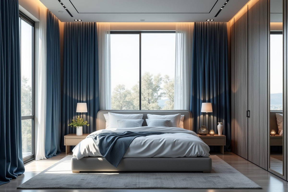 Chambre moderne avec grandes fenêtres et ambiance lumineuse
