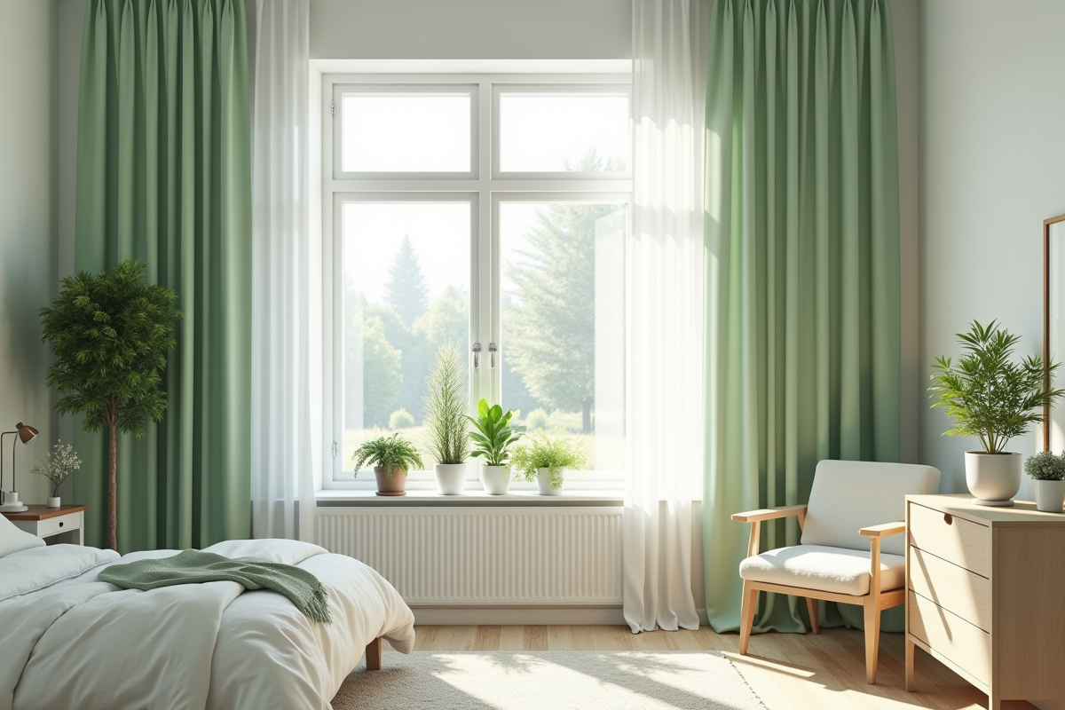 Chambre scandinave avec rideaux verts et lumière naturelle