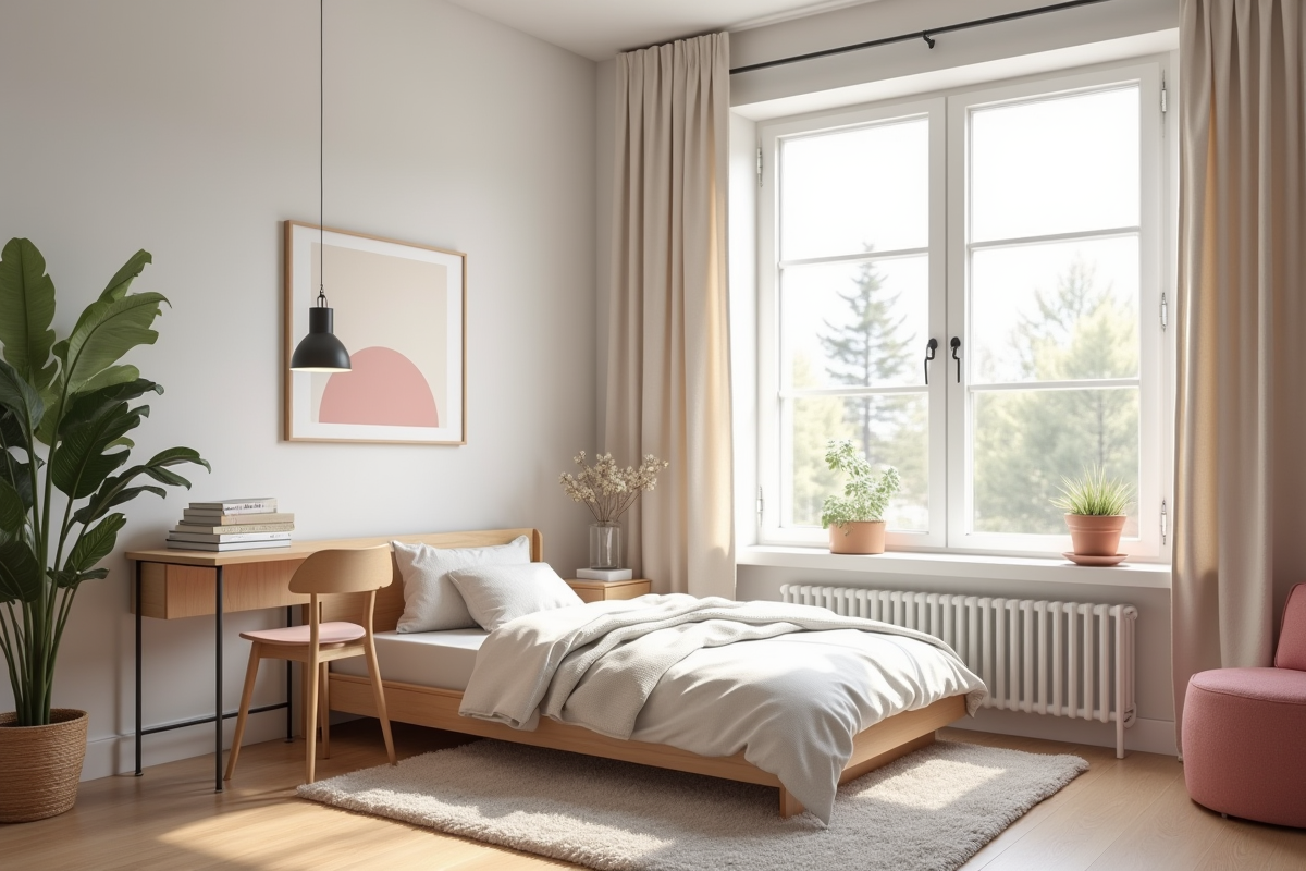 Chambre scandinave petite avec lit simple et lumière naturelle