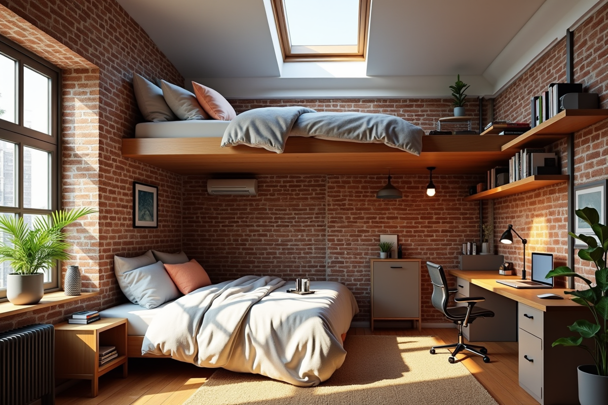 Chambre urbaine avec lit mezzanine et mur en briques