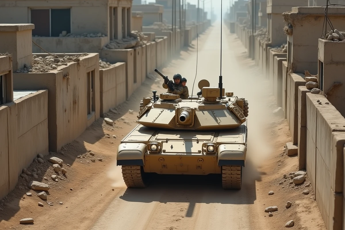 Char M1A1 Abrams en déplacement dans une rue étroite d'un environnement urbain semi-désertique, vue en plongée depuis un toit mettant en évidence le nuage de poussière et le contexte architectural