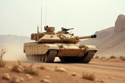 Char M1A1 Abrams en position stationnaire sur terrain désertique aride, vue grand angle au sol mettant en valeur l'armure usée et la silhouette imposante du véhicule blindé