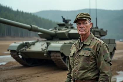 Commandant militaire devant un char Leopard 2A en exercice