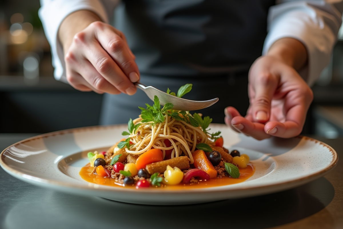 Chef dressant un plat gourmet dans une cuisine moderne