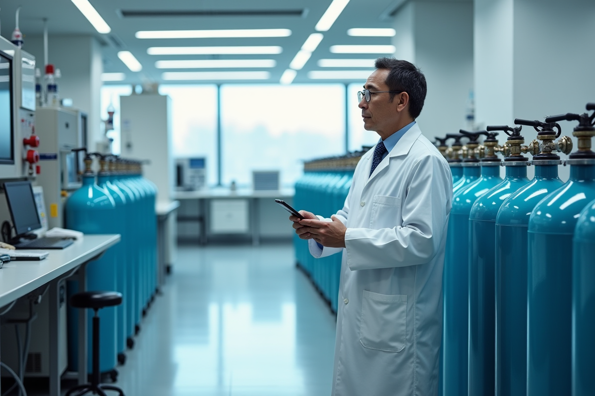 Chercheur en laboratoire examinant cylindres d hydrogene