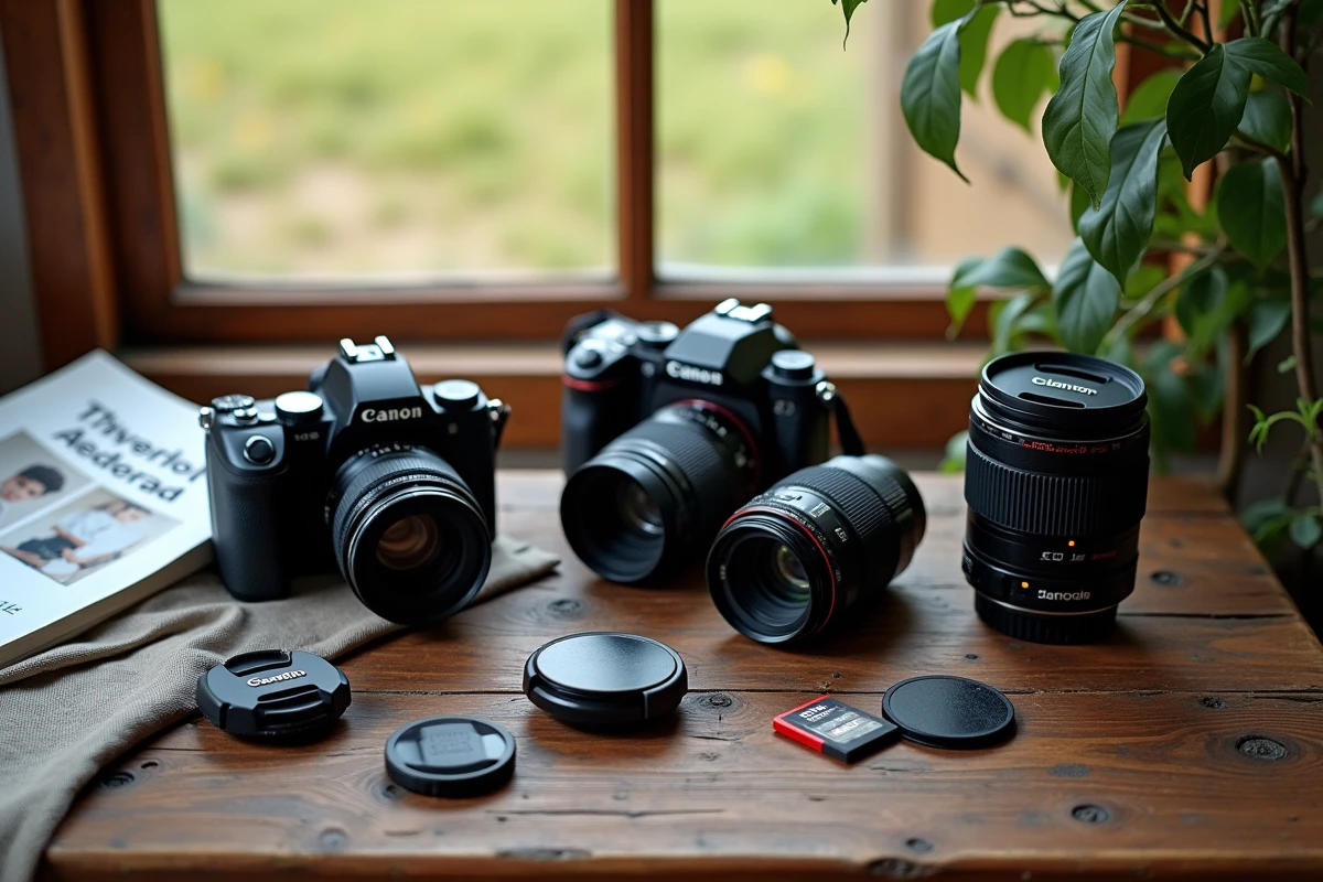 Sélection d'appareils photo reflex et hybrides pour débutants posés sur une table en bois avec vue sur la campagne en arrière-plan