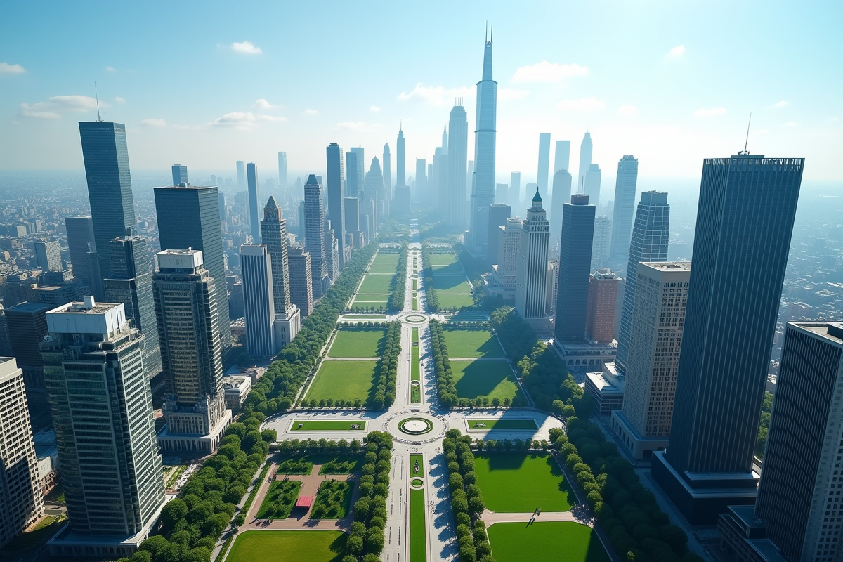 Vue d'une ville moderne avec gratte-ciel et parcs