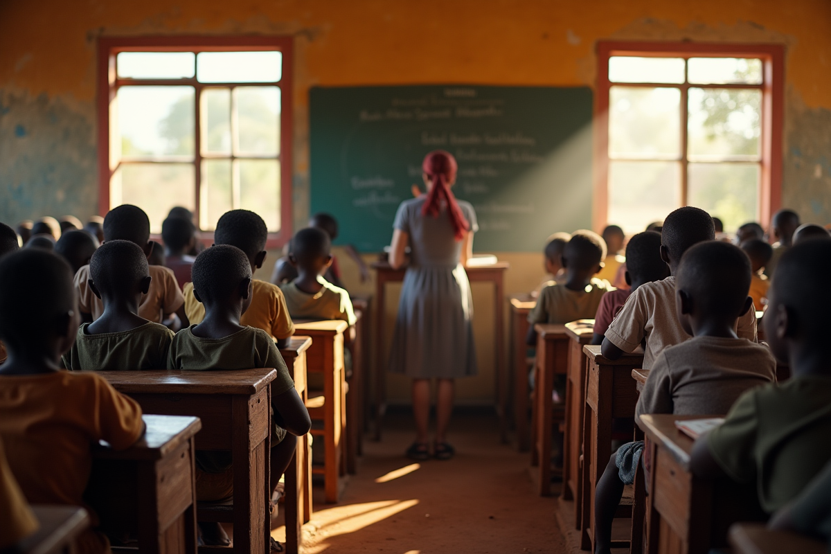 Enfants dans une classe africaine avec un professeur