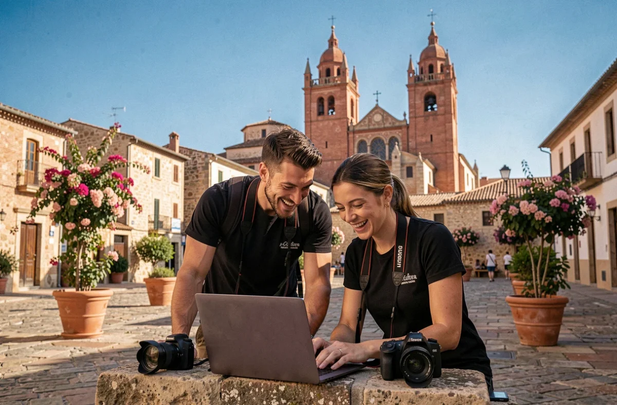 Duo de photographes Clic & Shoot Perpignan révisant des images sur un laptop devant la cathédrale Saint-Jean-Baptiste de Perpignan
