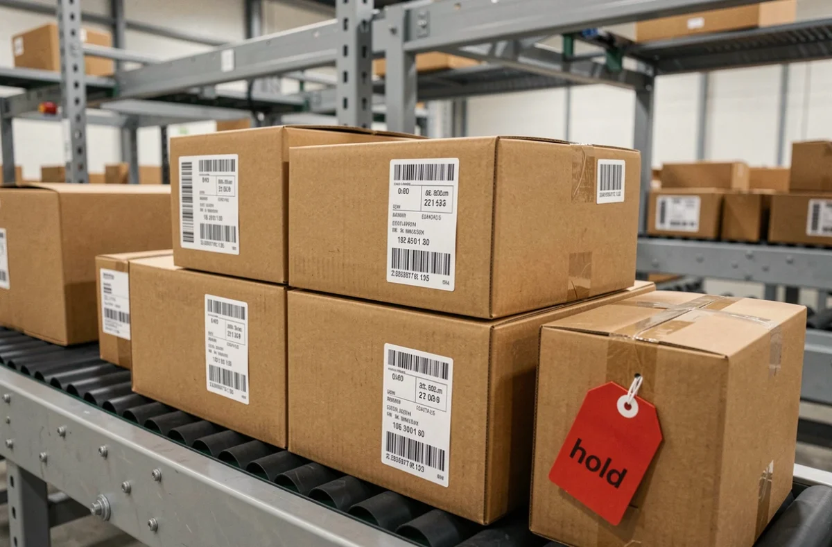 Colis bloqués sur un tapis roulant de tri dans un centre logistique avec une étiquette de rétention rouge visible sur un carton