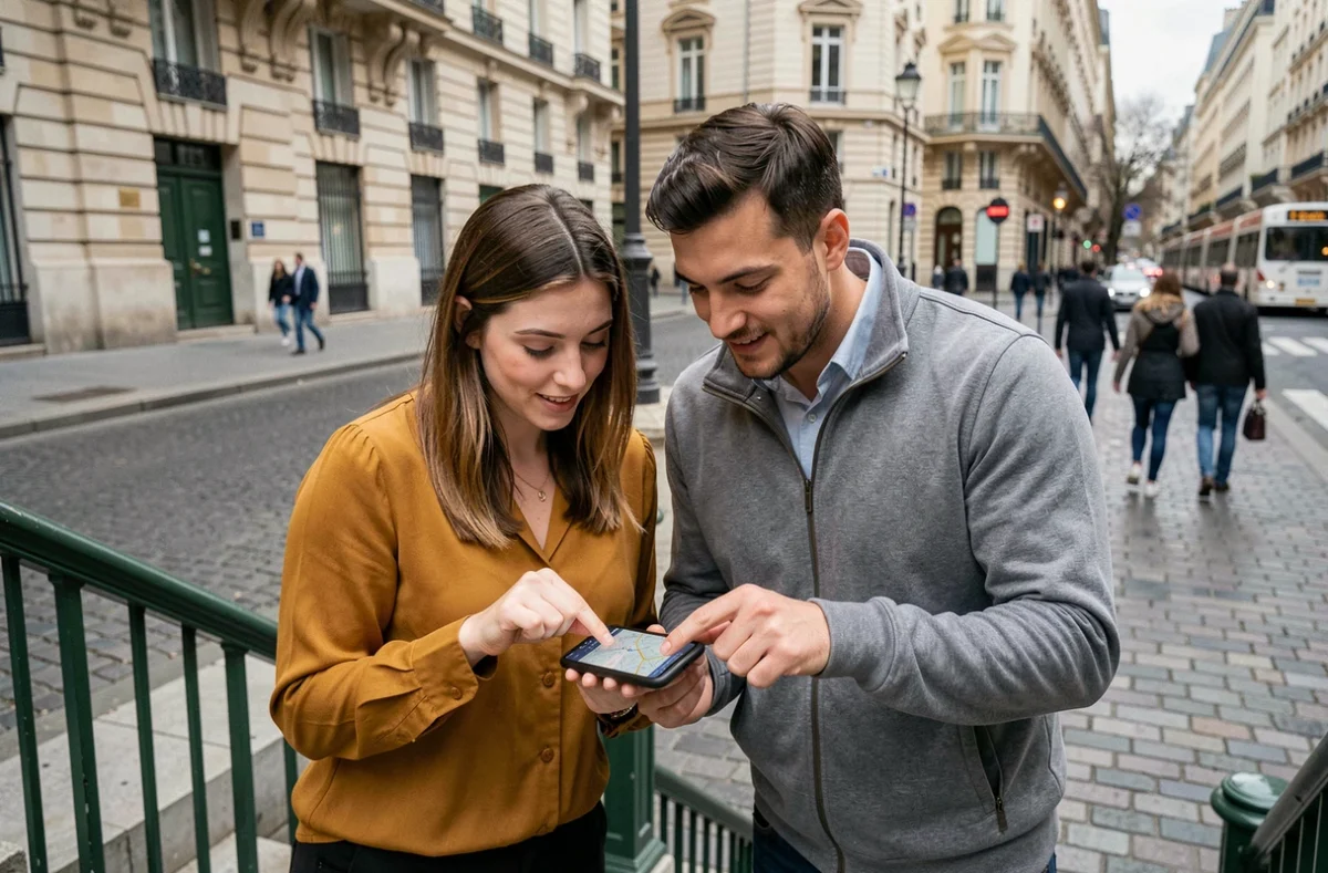 Deux personnes consultant ensemble un plan interactif de la ligne 4 du métro sur smartphone à l'entrée d'une station parisienne