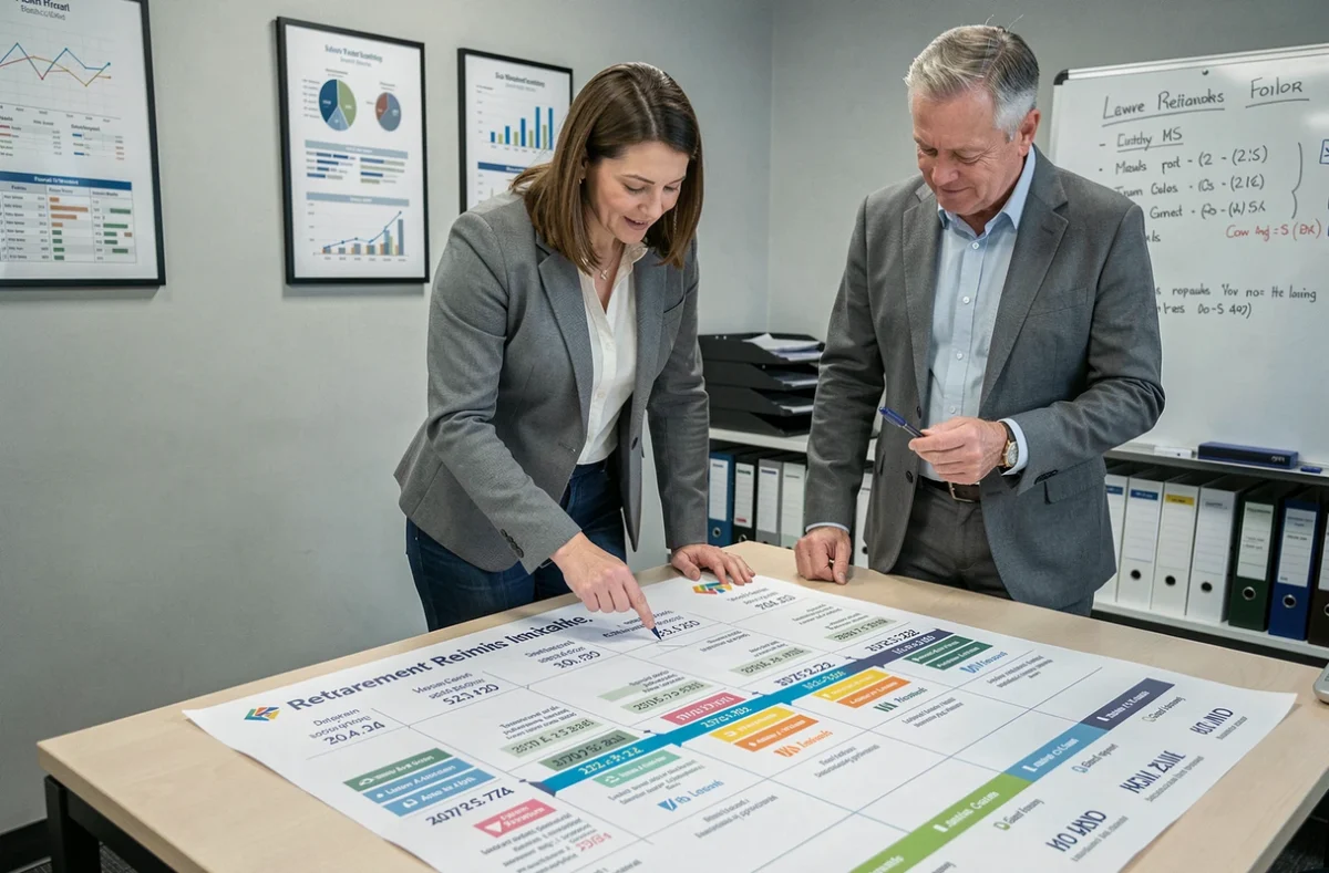 Deux collègues RH debout analysant ensemble un tableau chronologique de droits à la retraite et aux congés