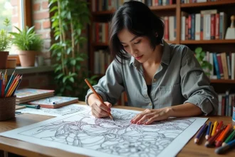 Coloriste experte adulte travaillant sur un dessin complexe Dragon Ball Z avec des feutres et crayons de couleur dans un atelier artistique chaleureux