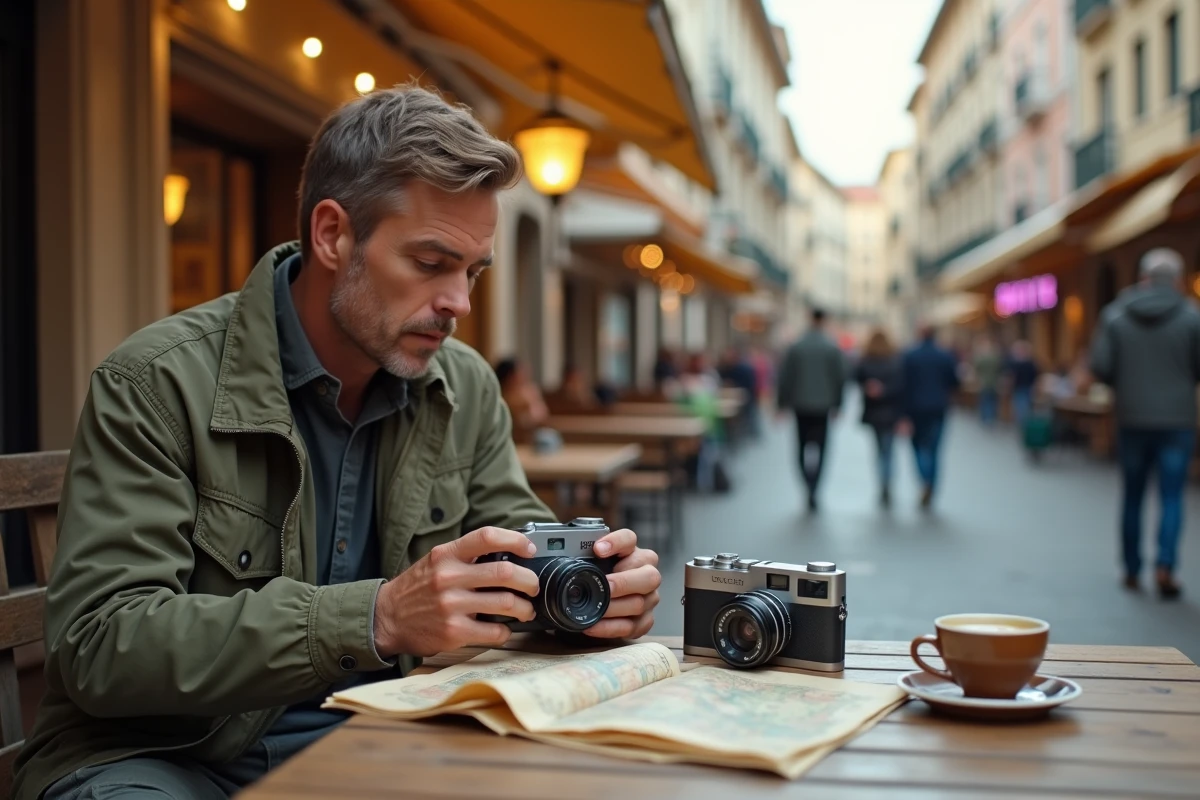 Homme comparant un appareil photo compact numérique et un jetable sur une table de café en plein air pendant un voyage