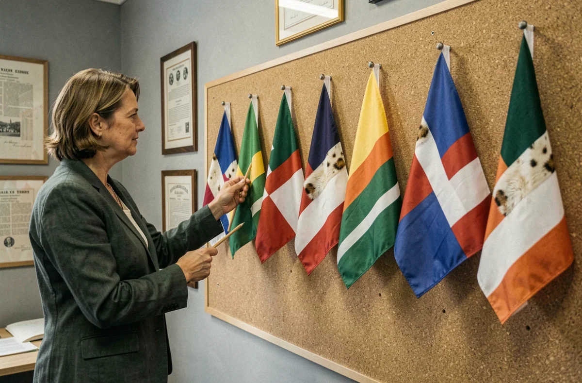 Comparaison de versions officielles et dérivées du drapeau breton épinglées sur un tableau de liège dans un bureau de recherche patrimoniale