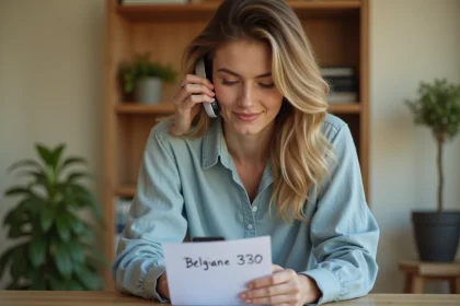 Femme composant un numéro international belge +32 sur un smartphone depuis un bureau à domicile