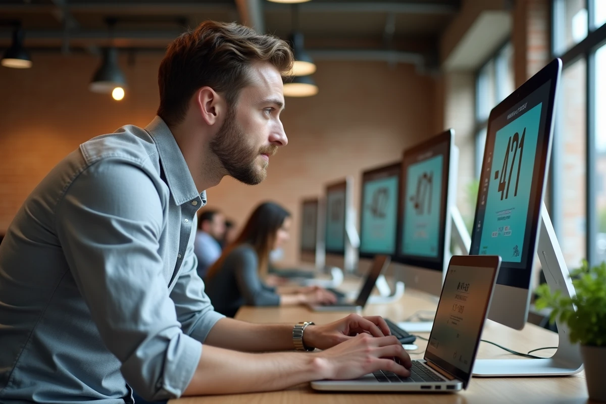 Professionnel composant un numéro suisse avec l'indicatif 41 sur une application de téléphonie VoIP dans un espace de coworking moderne