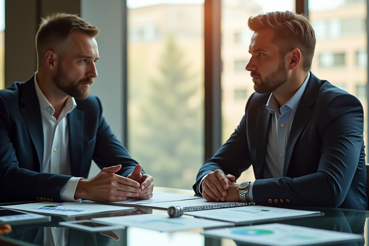 Conseiller financier en réunion avec un client riche dans un bureau lumineux
