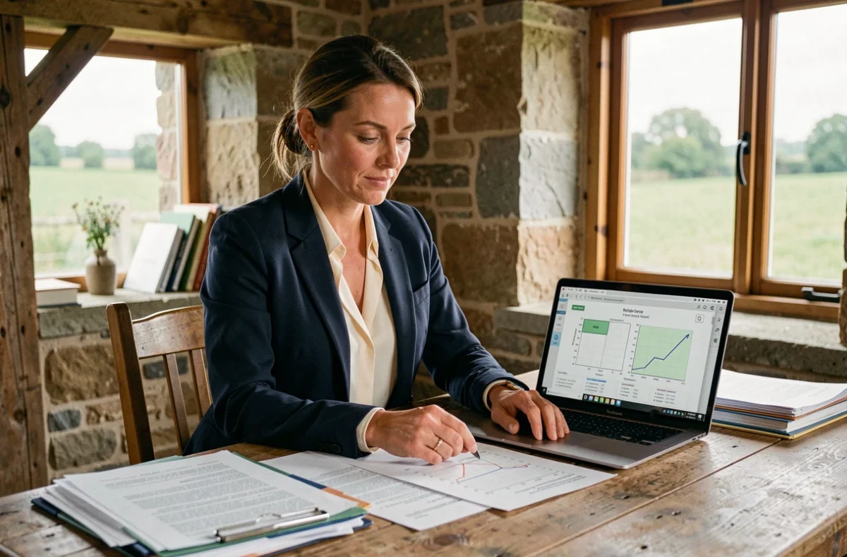 Conseillère immobilière rurale analysant des documents de conversion hectares en kilomètres carrés