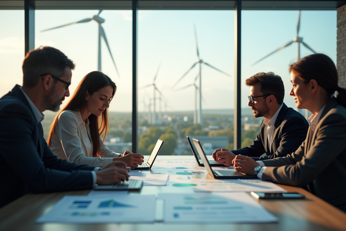 Conseillers financiers discutant avec graphiques et panneaux solaires en arrière-plan