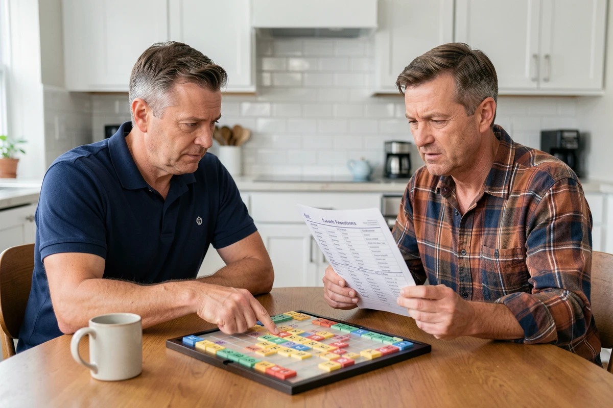 Deux joueurs de Scrabble en désaccord consultant la liste officielle des mots acceptés pour arbitrer une contestation