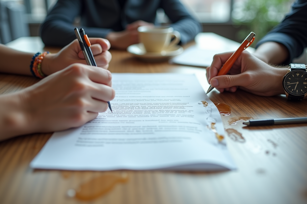 Mains tenant un contrat déchiré avec café renversé sur le bureau