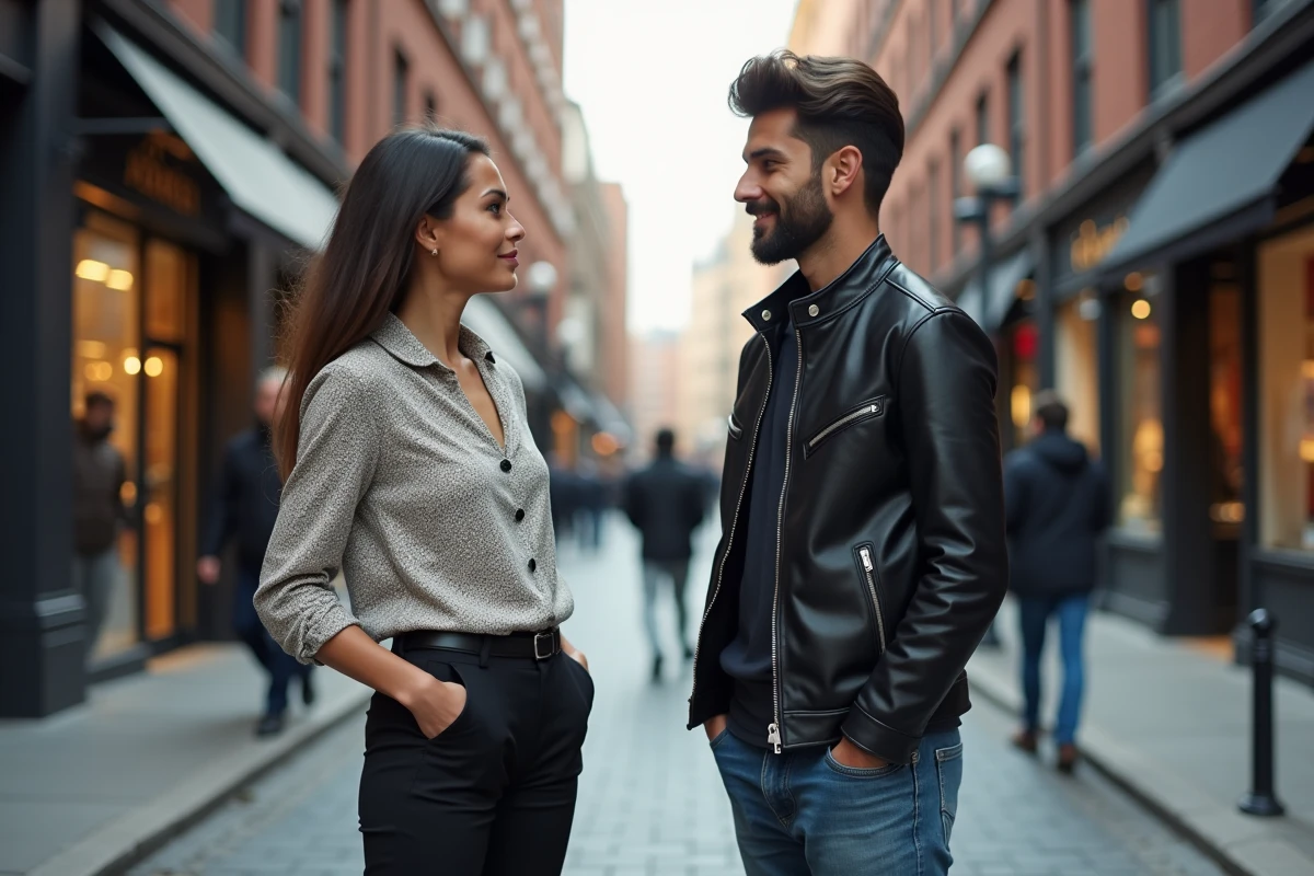 Deux personnes discutant dans une rue urbaine animée