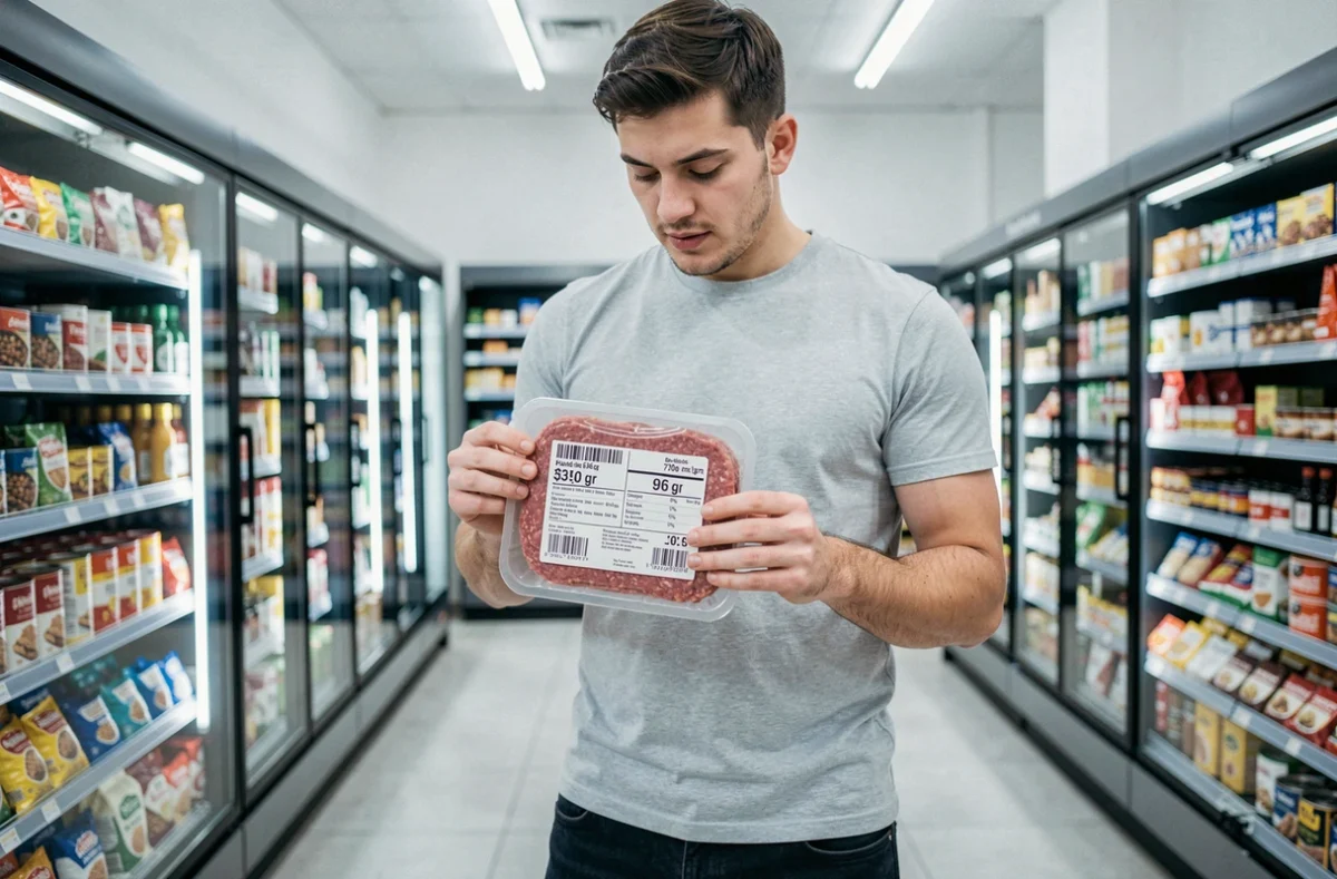 Homme lisant une étiquette de poids en livres et grammes dans un rayon de supermarché, comprenant la conversion métrique d'une livre