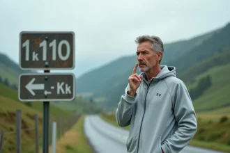 Homme calculant mentalement la conversion miles en kilomètres devant un panneau routier en campagne