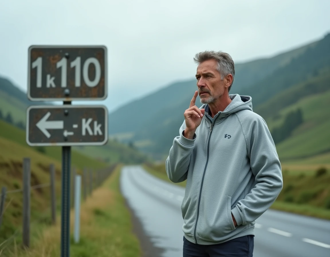 Homme calculant mentalement la conversion miles en kilomètres devant un panneau routier en campagne