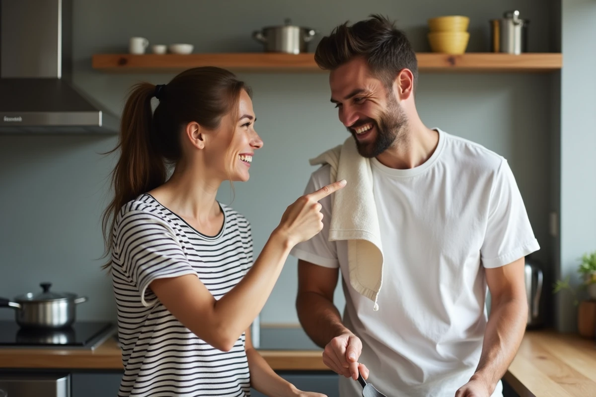 Couple complice dans une cuisine moderne, femme taquinant son partenaire avec un surnom affectueux pendant la cuisine du week-end