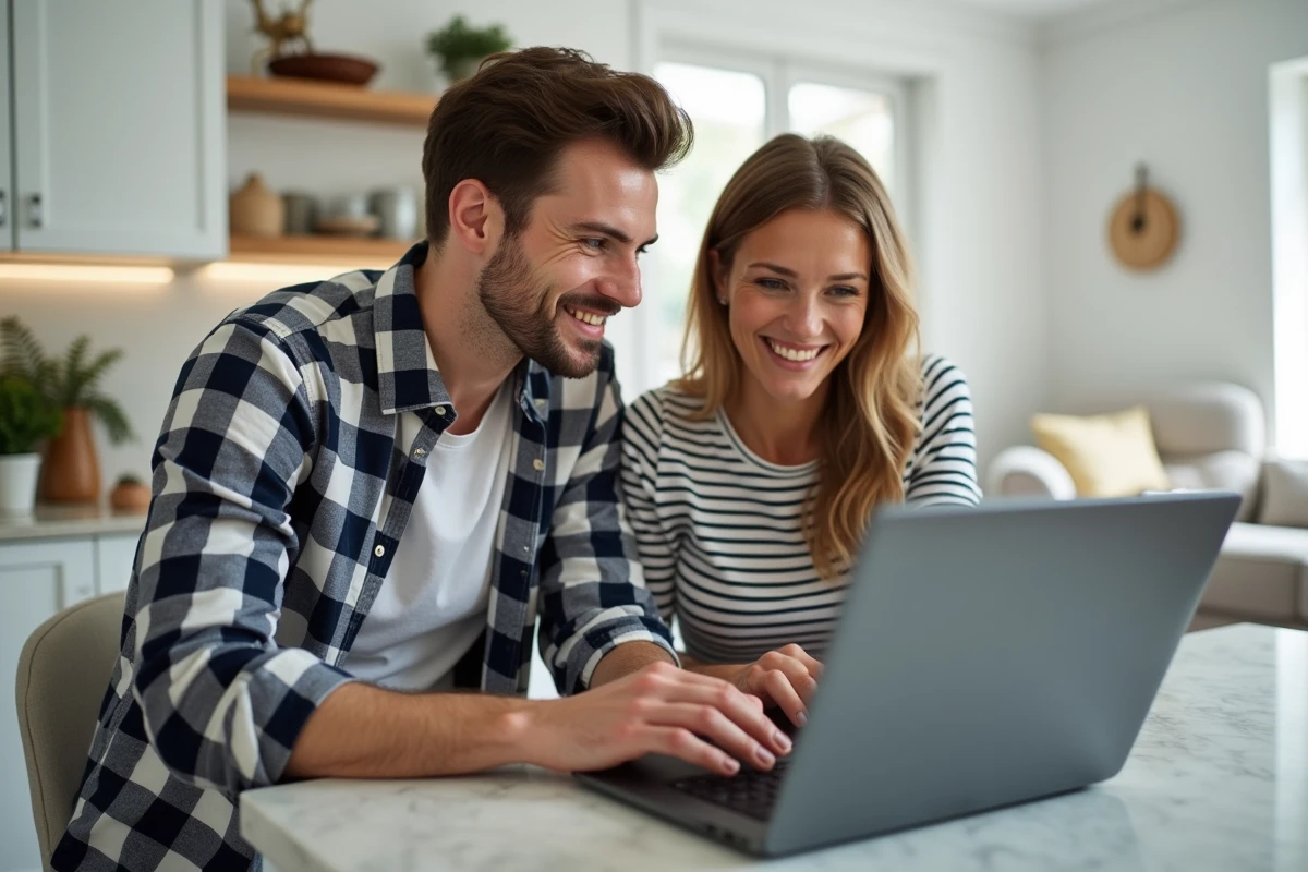 Couple découvrant ensemble les options d'inscription sur un site de streaming de cartoons animés