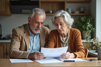 Couple d'adultes lisant des papiers dans une cuisine moderne