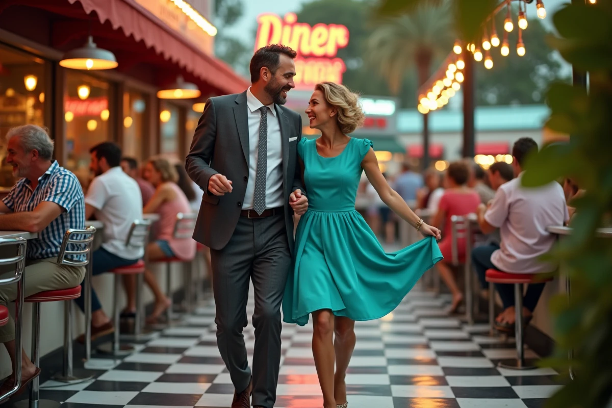 Couple élégant en tenue rétro années 50 dansant le madison en riant sur la terrasse d'un diner américain vintage avec mobilier chromé