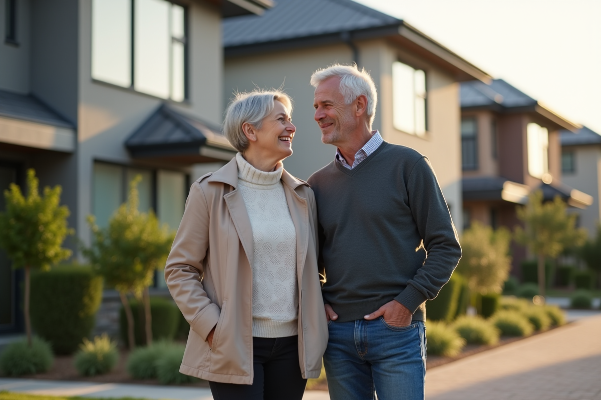 Couple adulte devant leur maison en souriant