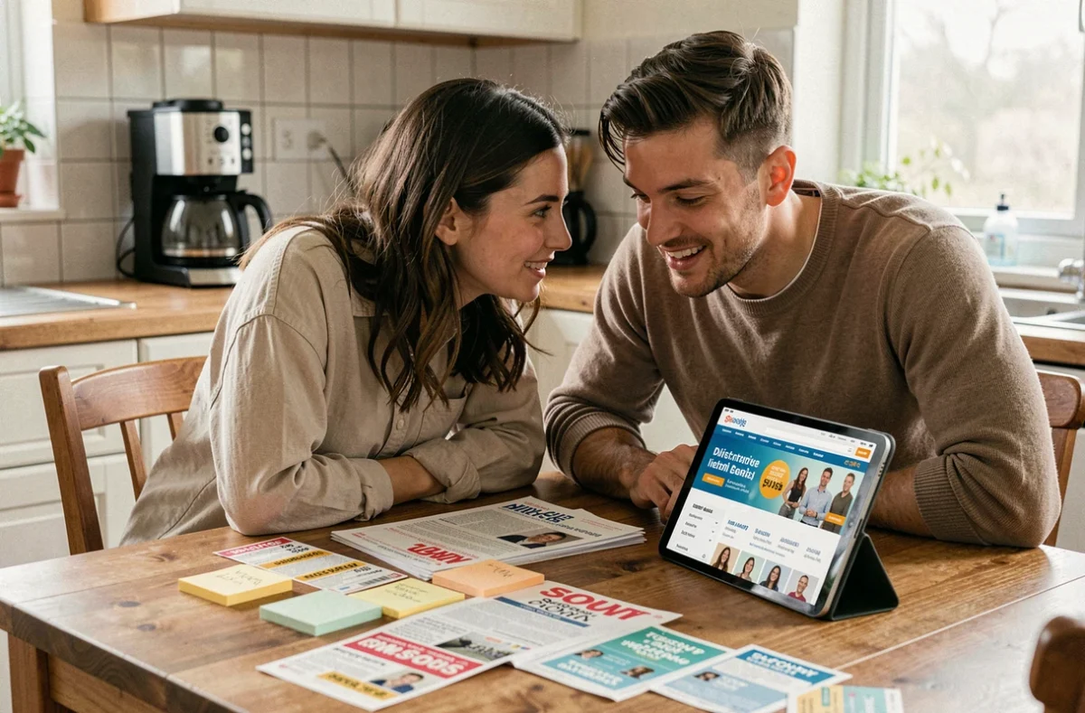 Couple planifiant leurs achats Black Friday autour d'une table avec coupons, notes et tablette affichant des promotions