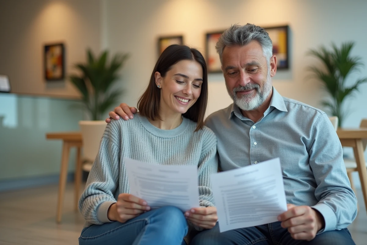 Couple préparant leurs questions avant une consultation gratuite à la chambre des notaires dans une salle d'attente