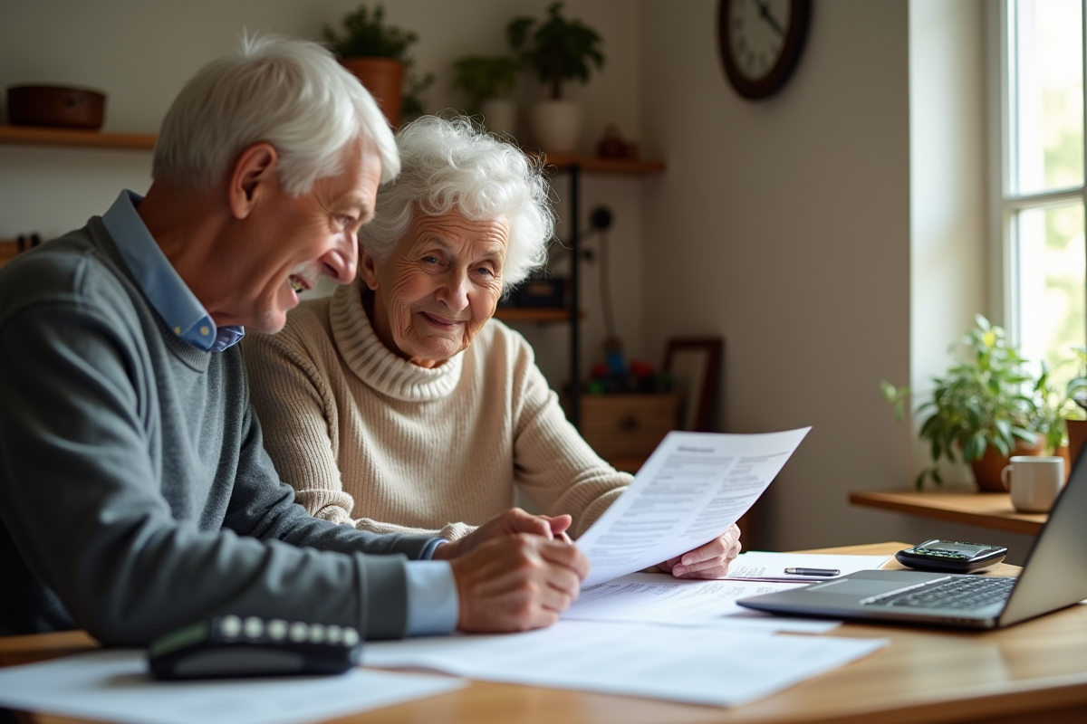 Couple senior discutant de documents fiscaux à la maison