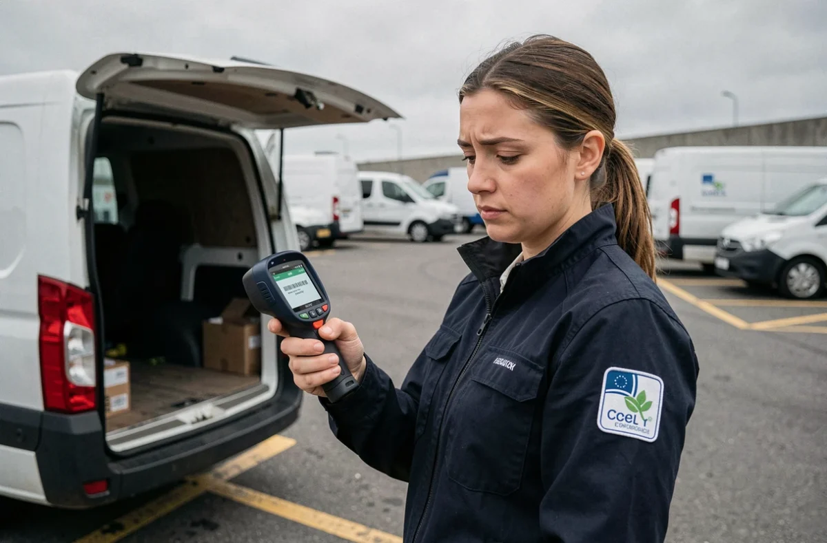 Coursière consultant un scanner de colis affichant une erreur devant un véhicule de livraison dans un hub logistique urbain