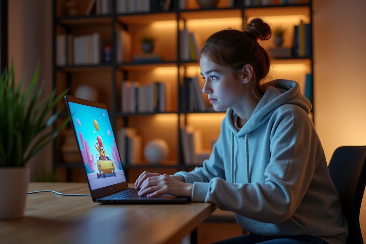 Jeune femme créant un compte sur un site de streaming d'animation depuis son bureau à domicile