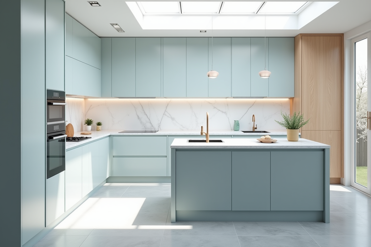 Cuisine scandinave pastel bleu avec îlot en marbre et lumière naturelle