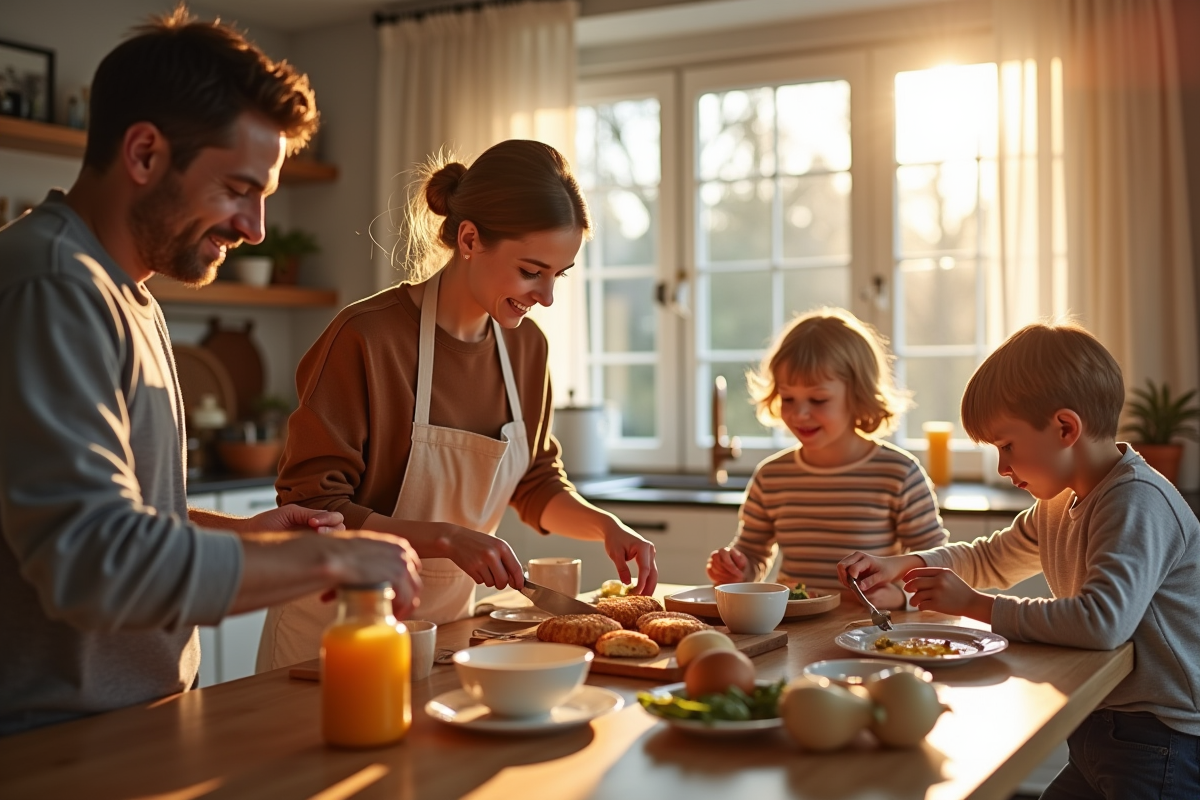 Famille préparant le petit déjeuner dans une cuisine chaleureuse