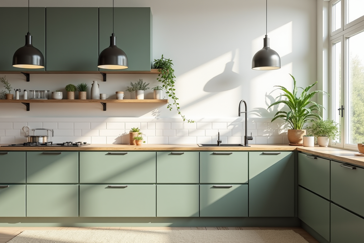 Cuisine scandinave moderne avec meubles vert sauge et lumière naturelle