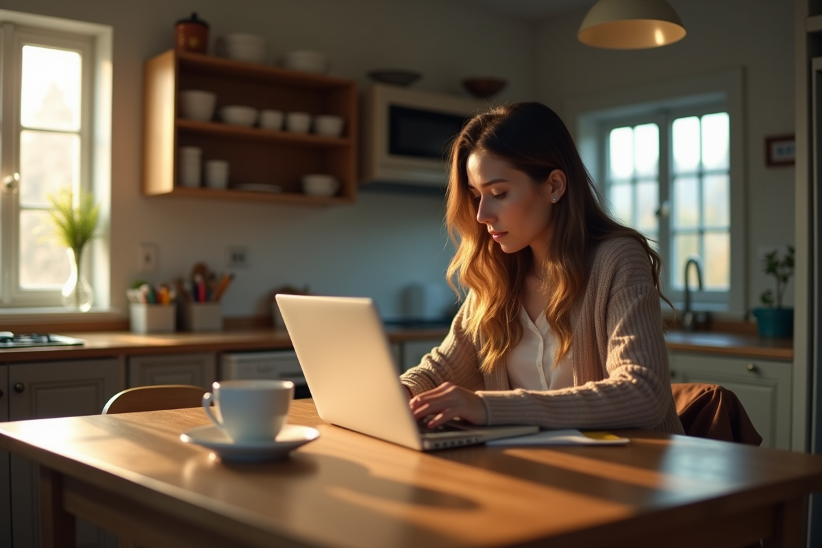 Personne utilisant un ordinateur portable à la cuisine avec café